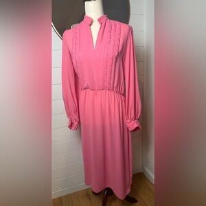 Vintage 1960s Bits & Pieces Pink Embroidered Midi Dress Button Cuff Sleeves - 14